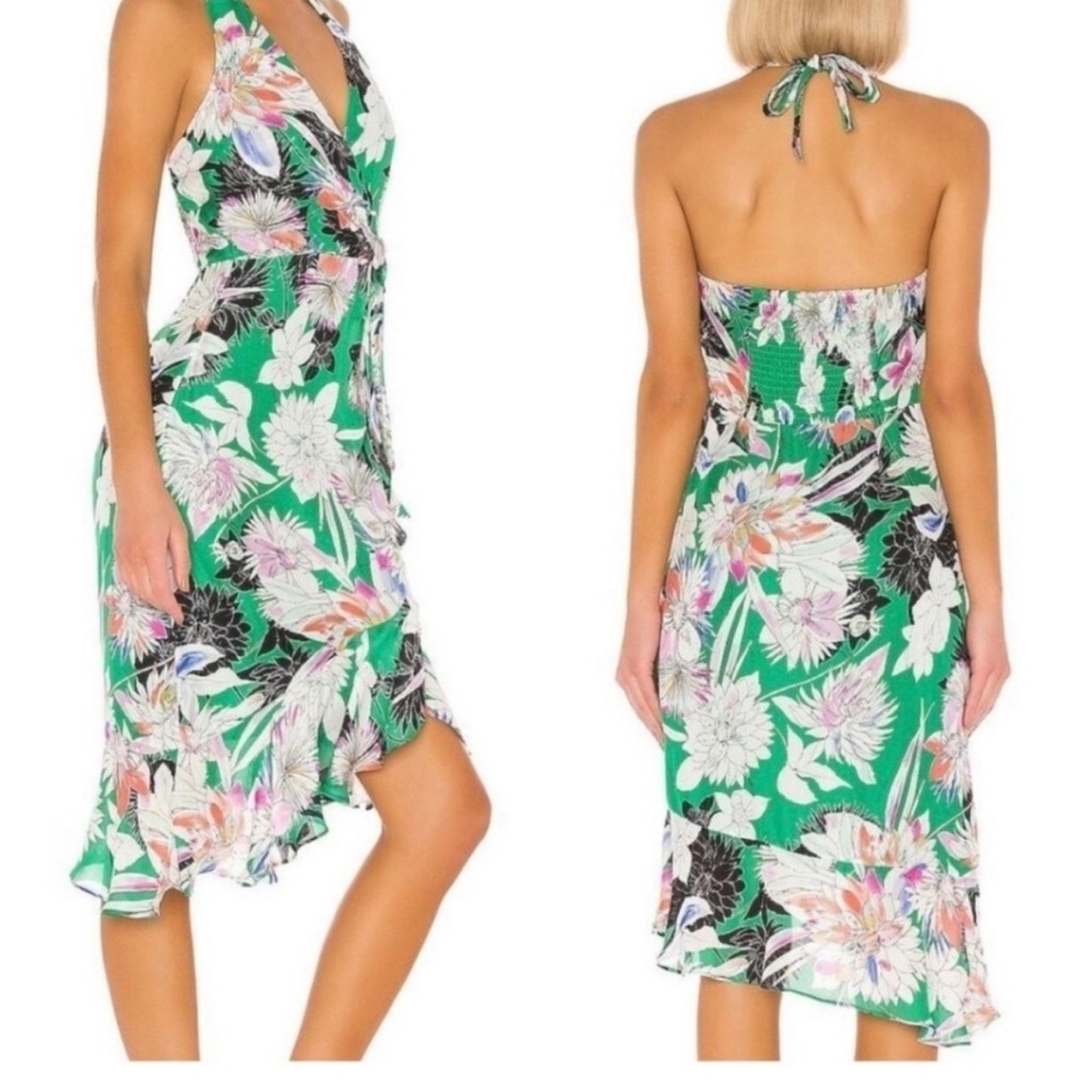 Parker Addie Floral Halter, Faux Wrap Tie Skirt Green Midi Dress with Silk SZ  8